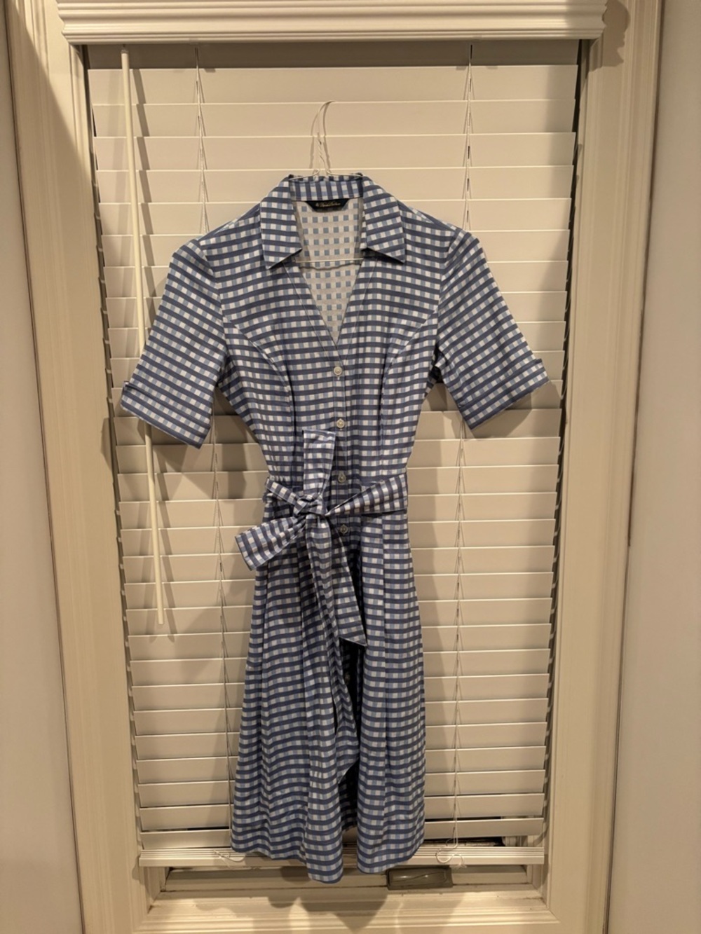 Brooks Brothers Blue and White Gingham Midi Shirt Dress with Tie Waist